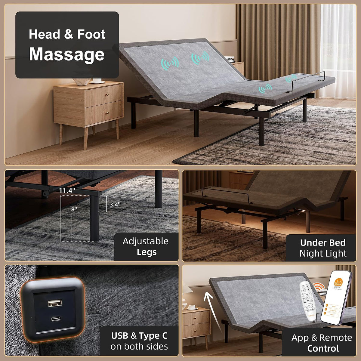 Adjustable Bed Frame Smart Bed Twin XL - Upholstered Bed Base with Massage, Wireless Remote, Ergonomic Foot&Head Incline, Zero Gravity, Dual USB Ports, under Bed Light, 3100 Series Grey — product view 7