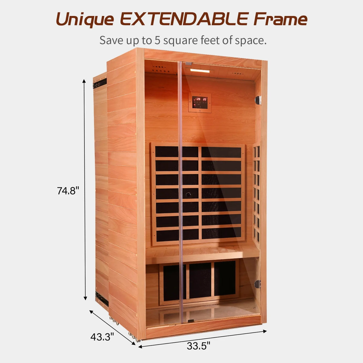 1 Person Extendable FAR Infrared Sauna for Home, Hemlock Wood Low EMF 6 Carbon Heaters Indoor Saunas with LED Lights, Bluetooth Speaker, Digital Control Panel, and Seating Bench — product view 10