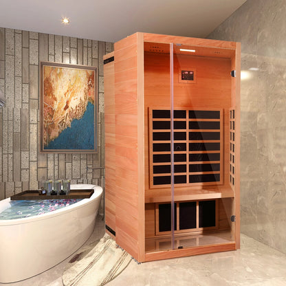 1 Person Extendable FAR Infrared Sauna for Home, Hemlock Wood Low EMF 6 Carbon Heaters Indoor Saunas with LED Lights, Bluetooth Speaker, Digital Control Panel, and Seating Bench — product view 2