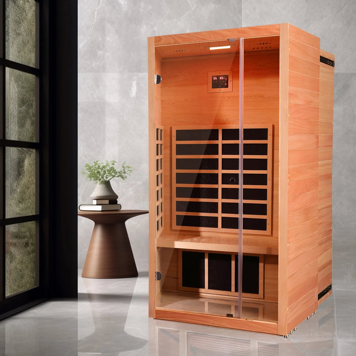1 Person Extendable FAR Infrared Sauna for Home, Hemlock Wood Low EMF 6 Carbon Heaters Indoor Saunas with LED Lights, Bluetooth Speaker, Digital Control Panel, and Seating Bench — product view 3