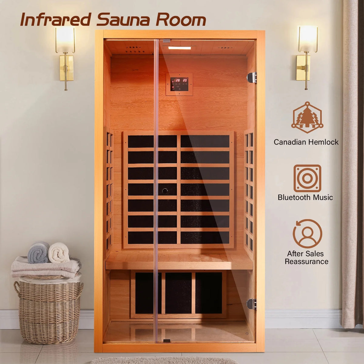 1 Person Extendable FAR Infrared Sauna for Home, Hemlock Wood Low EMF 6 Carbon Heaters Indoor Saunas with LED Lights, Bluetooth Speaker, Digital Control Panel, and Seating Bench — product view 4