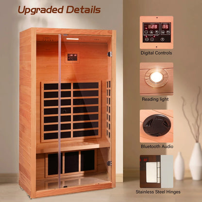 1 Person Extendable FAR Infrared Sauna for Home, Hemlock Wood Low EMF 6 Carbon Heaters Indoor Saunas with LED Lights, Bluetooth Speaker, Digital Control Panel, and Seating Bench — product view 5