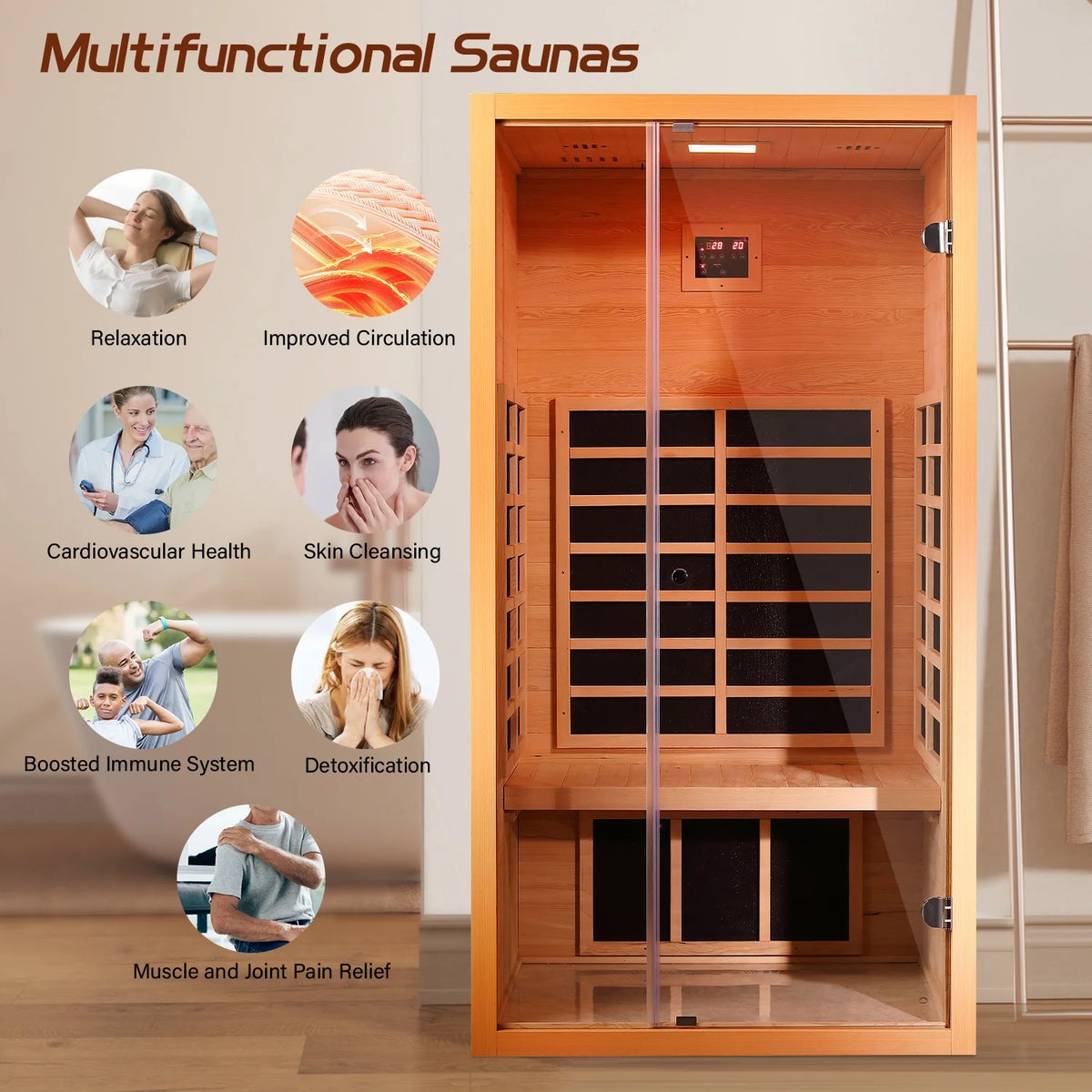 1 Person Extendable FAR Infrared Sauna for Home, Hemlock Wood Low EMF 6 Carbon Heaters Indoor Saunas with LED Lights, Bluetooth Speaker, Digital Control Panel, and Seating Bench — product view 6