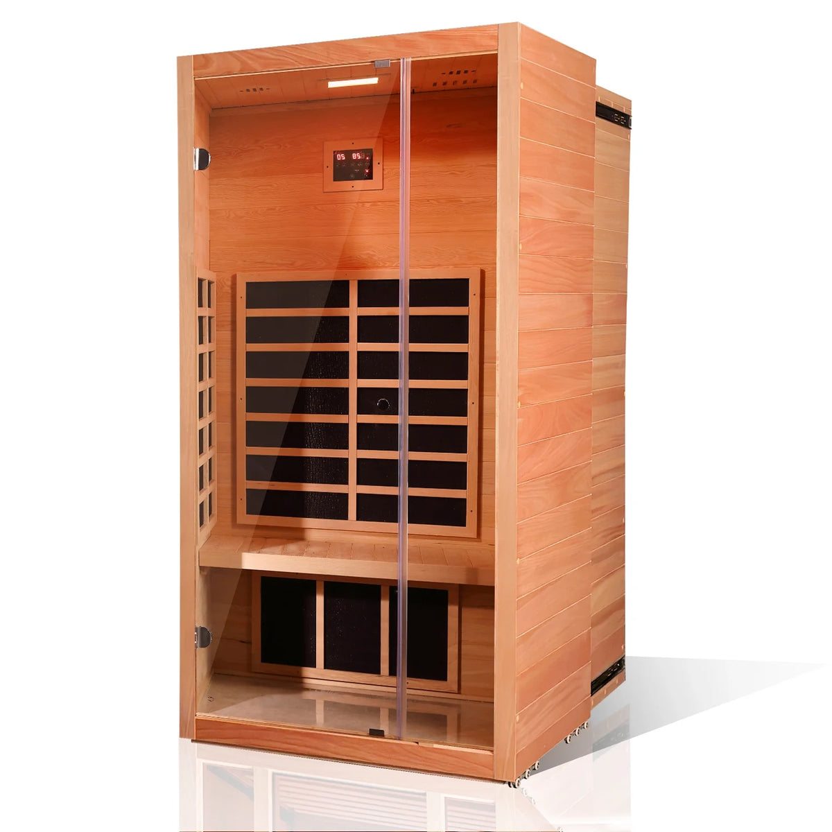 1 Person Extendable FAR Infrared Sauna for Home, Hemlock Wood Low EMF 6 Carbon Heaters Indoor Saunas with LED Lights, Bluetooth Speaker, Digital Control Panel, and Seating Bench — product view 8