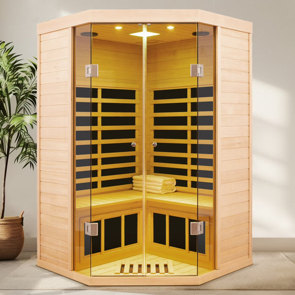 2-Person Corner Infrared Sauna Built for Home Wellness, Hemlock Wood, 7 Heating Panels, Glass Front Design