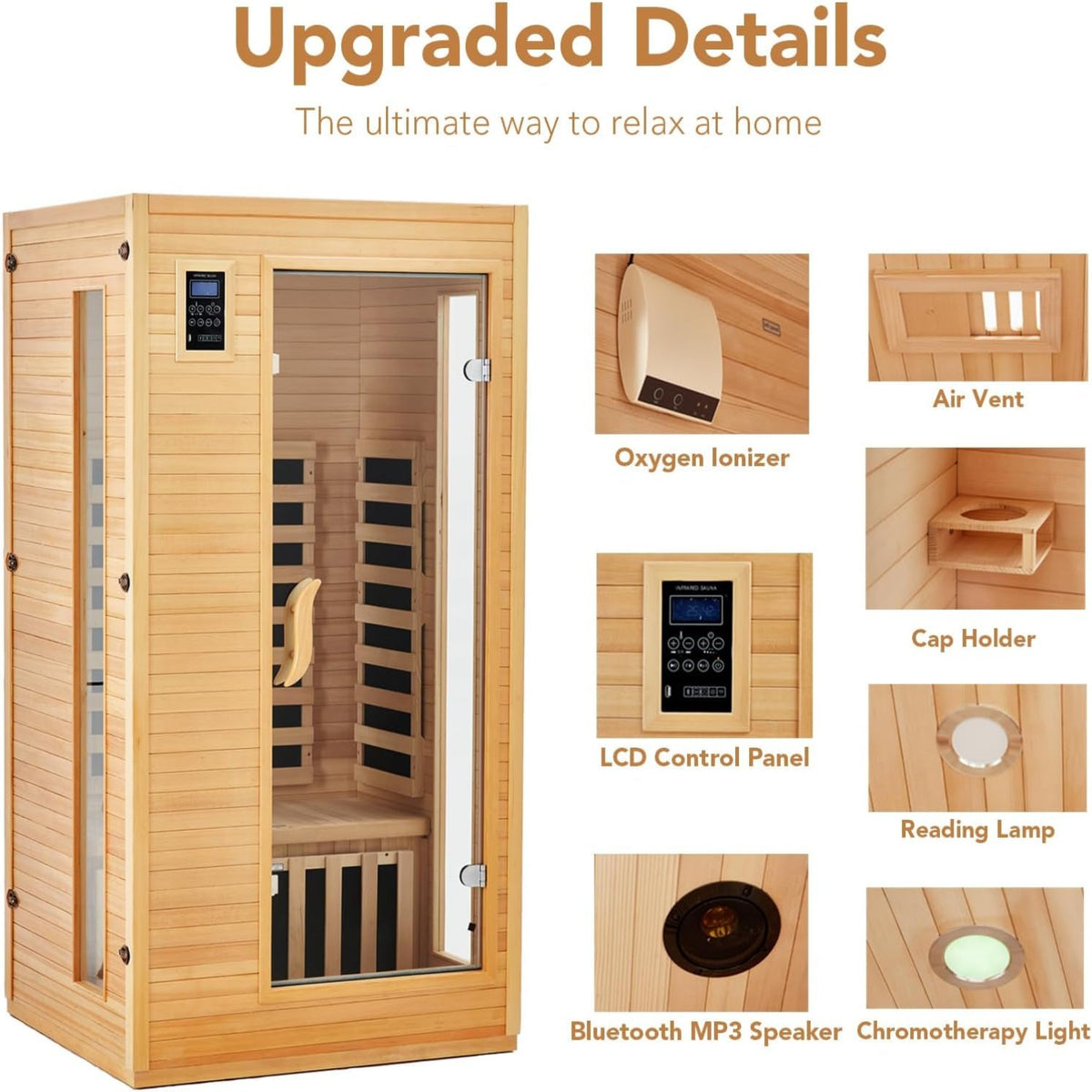 2024 Upgrade 1 to 2 Person Infrared Sauna, Low EMF Infrared Sauna for Home, Indoor Sauna Room, Hemlock Wooden Far Infrared Sauna, Dry Sauna with Bluetooth Speakers, LED Reading and Chromotherapy Lamp — product view 6