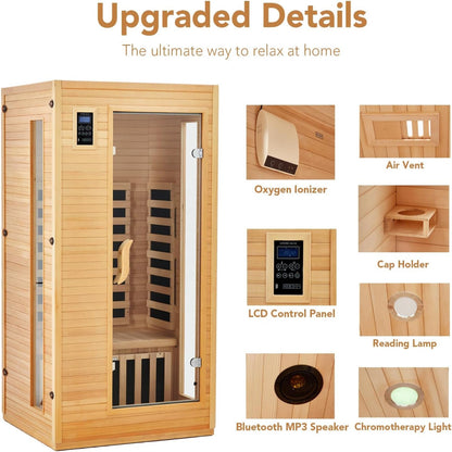 2024 Upgrade 1 to 2 Person Infrared Sauna, Low EMF Infrared Sauna for Home, Indoor Sauna Room, Hemlock Wooden Far Infrared Sauna, Dry Sauna with Bluetooth Speakers, LED Reading and Chromotherapy Lamp — product view 6