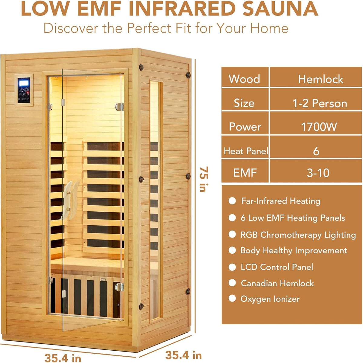 2024 Upgrade 1 to 2 Person Infrared Sauna, Low EMF Infrared Sauna for Home, Indoor Sauna Room, Hemlock Wooden Far Infrared Sauna, Dry Sauna with Bluetooth Speakers, LED Reading and Chromotherapy Lamp — product view 8