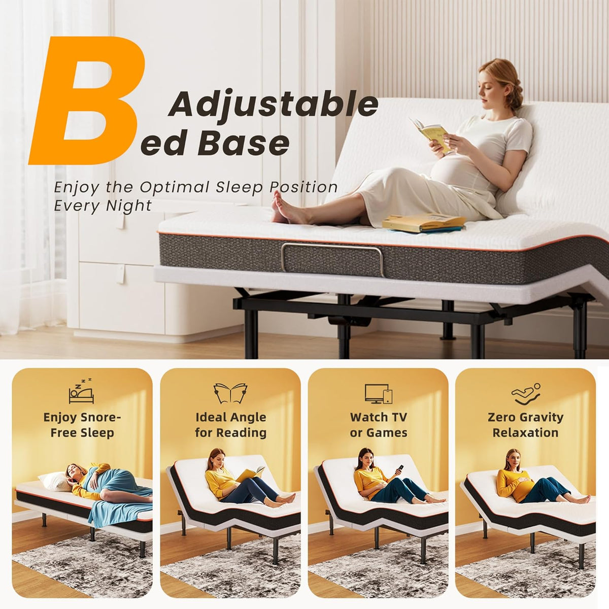 Adjustable Bed Frame King Size with Wireless Remote, Head Foot Incline, USB, Underbed Light - Heavy Duty Platform, Zero Gravity Bedframe — product view 3