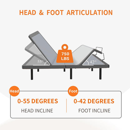 Adjustable Bed Frame Smart Bed Twin XL - Upholstered Bed Base with Massage, Wireless Remote, Ergonomic Foot&Head Incline, Zero Gravity, Dual USB Ports, under Bed Light, 3100 Series Grey — product view 3