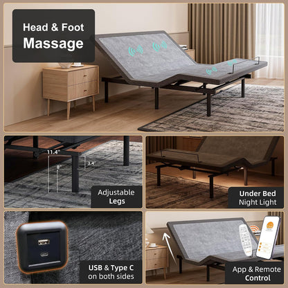 Adjustable Bed Frame Smart Bed Twin XL - Upholstered Bed Base with Massage, Wireless Remote, Ergonomic Foot&Head Incline, Zero Gravity, Dual USB Ports, under Bed Light, 3100 Series Grey — product view 7